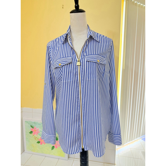 Women's Michael Kors Striped Full Zip Shirt, Size L, Blue/White - Picture 2 of 7